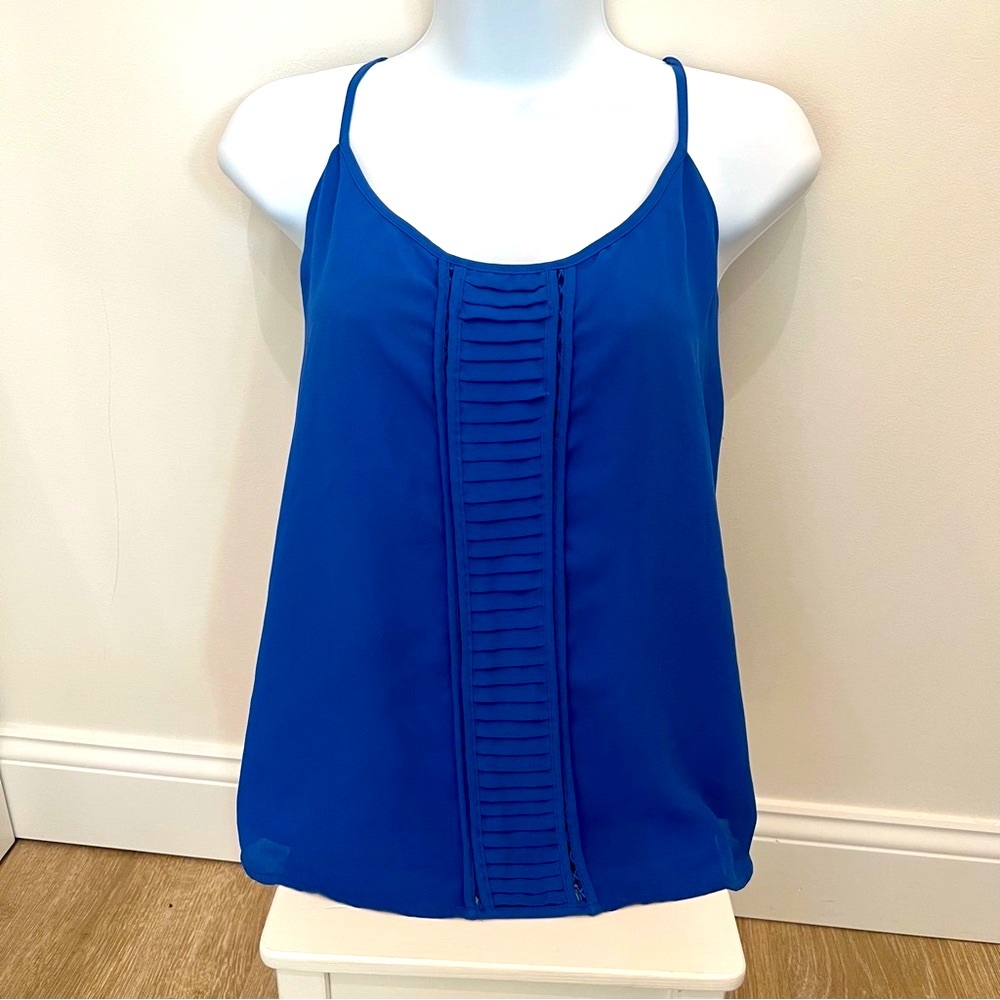 Pixley Cobalt Blue Pleated Sleeveless Blouse Mesh Detail Camisole Tank Top